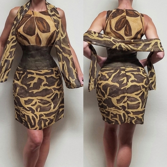Vintage Dresses & Skirts - 80s Vintage PG Collections Brown Giraffe Print Chiffon Mini Dress Scarf Set 6